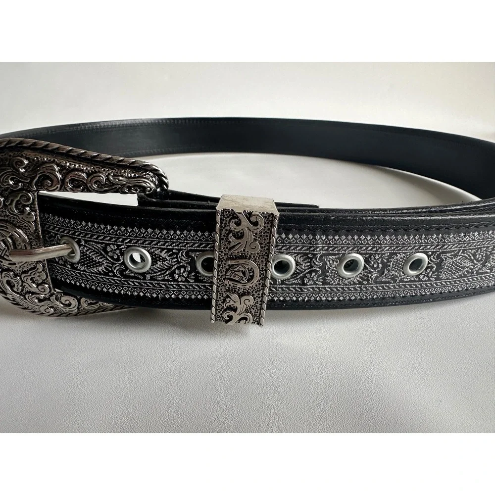 Men's Black Western Belt Silver Tone‎ Ornate Horseshoe Buckle Size 42 Mexico